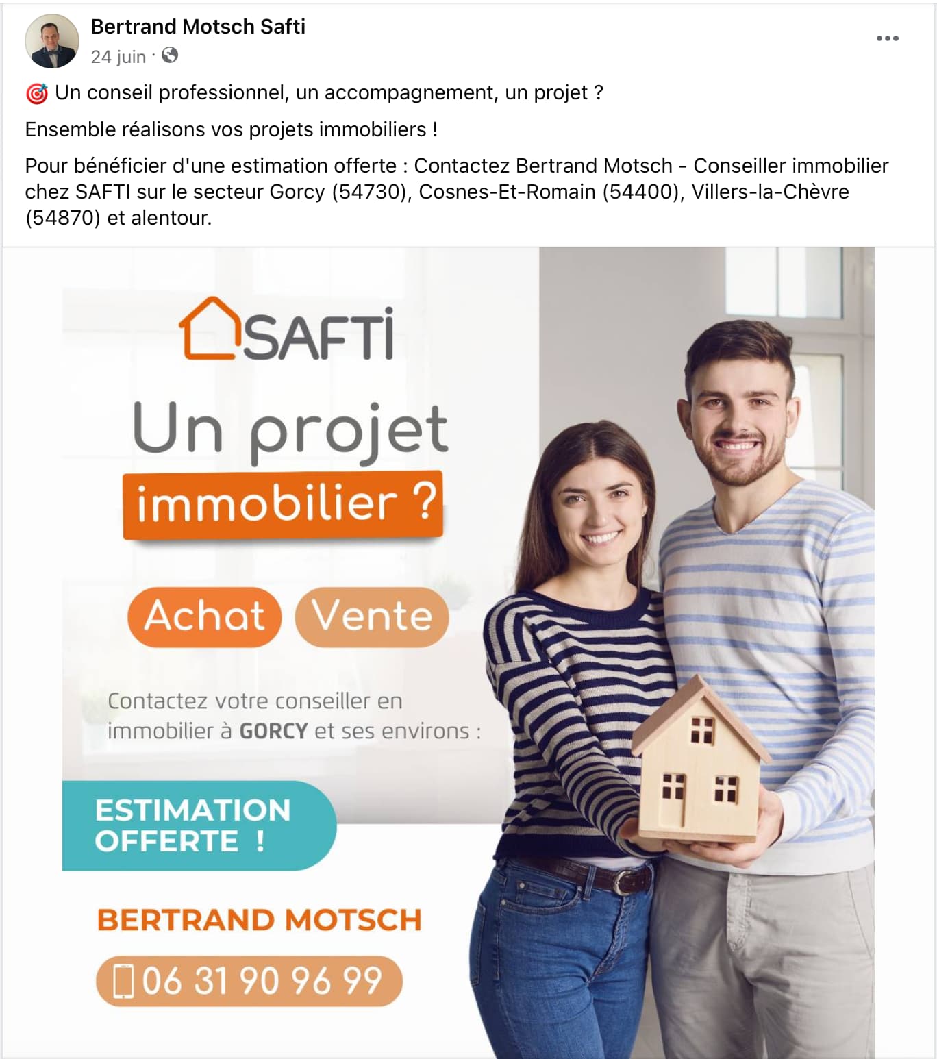 Bertrand Motsch mandataire immobilier à Gorcy confie gestion des réseaux sociaux à Votre Expert Marketing Longwy