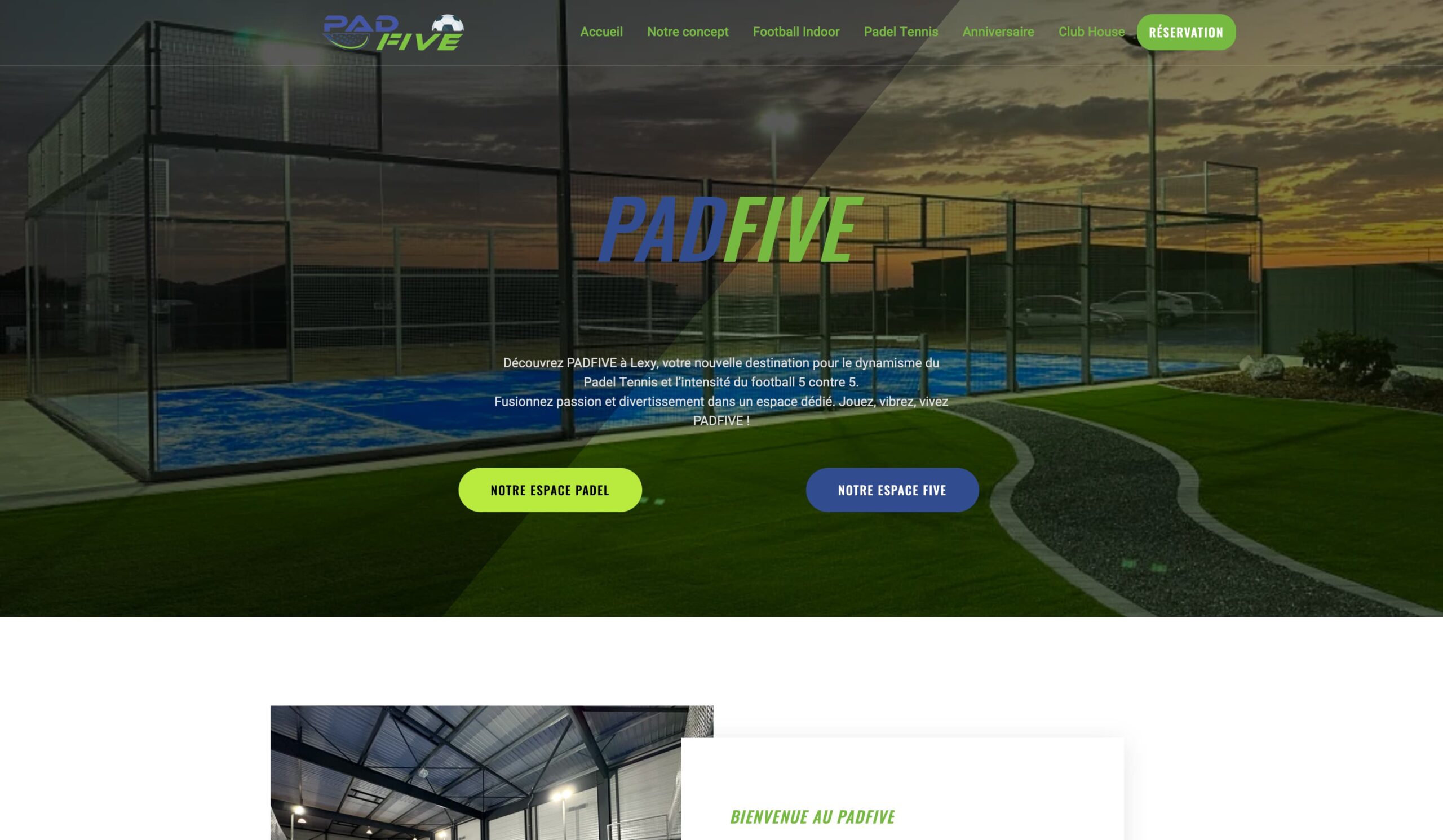 Site web de Padfive Padel à Lexy, avec un design moderne créé par Votre Expert Marketing